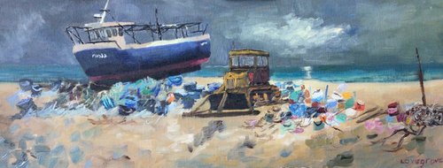 Fishing boats on the beach, oil painting by Julian Lovegrove Art