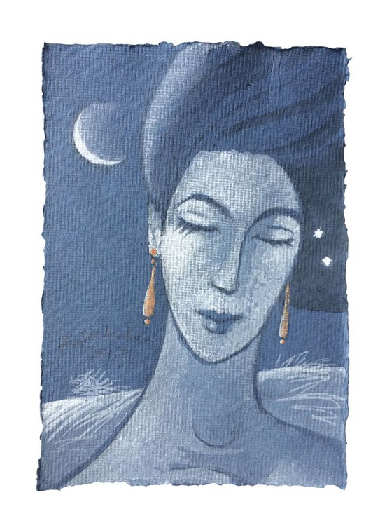 Woman thinking of the Moon and Two Stars