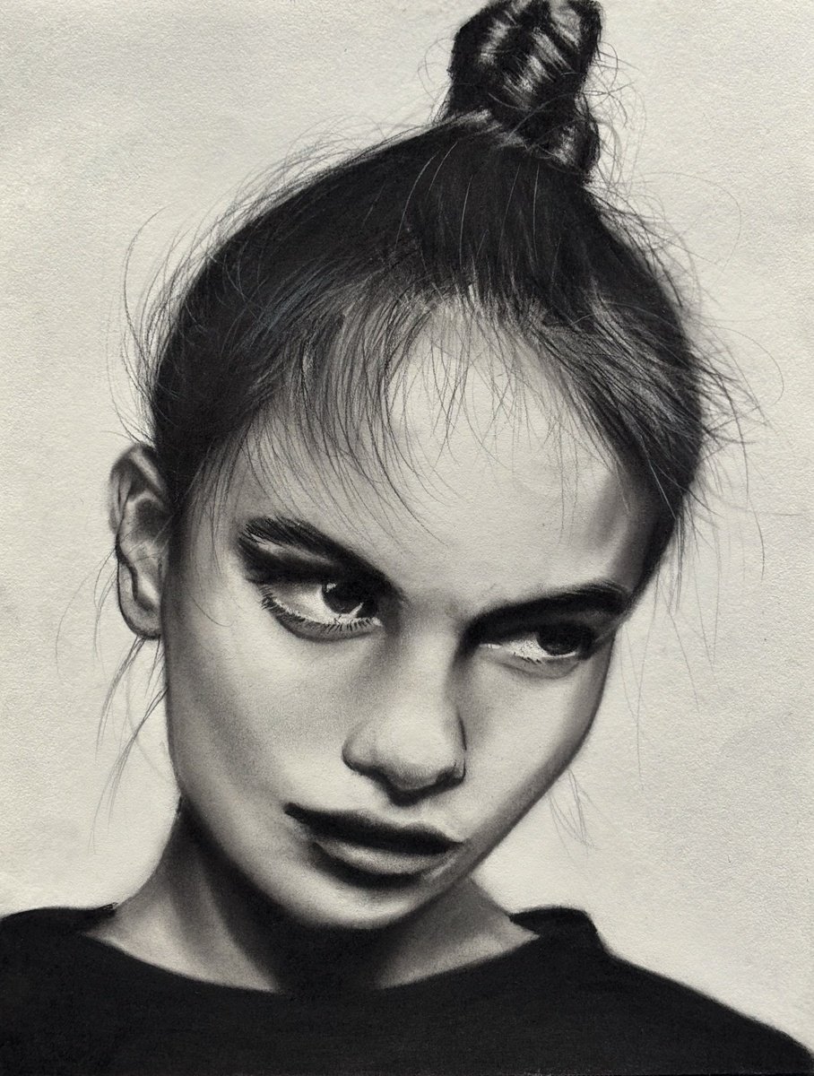 Photorealistic Portrait Charcoal Drawing By Denny Stoekenbroek, 12 X 17, Unspoken Defiance, Original Artwork