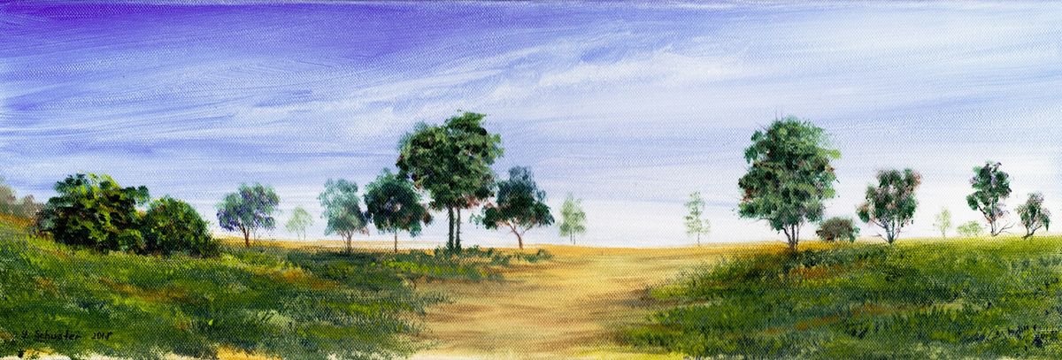 Impressionistic Landscape Acrylic Painting By Yulia Schuster, 24 X 8", August Day, Original Artwork