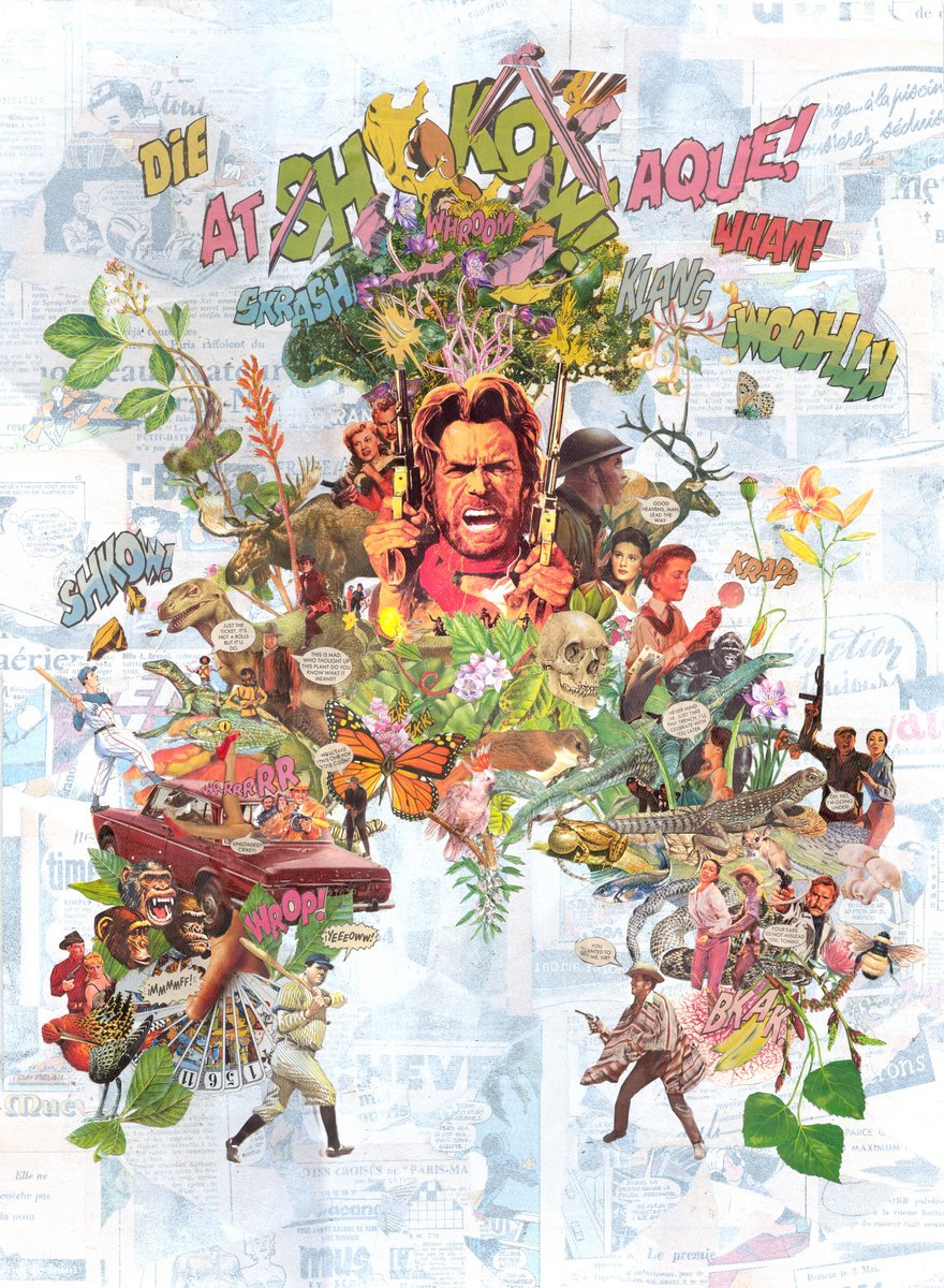 Urban And Pop Portrait Collage By Jon Garbet, 18 X 24, Die At (Sh-Kow) Ataque!, Original Artwork