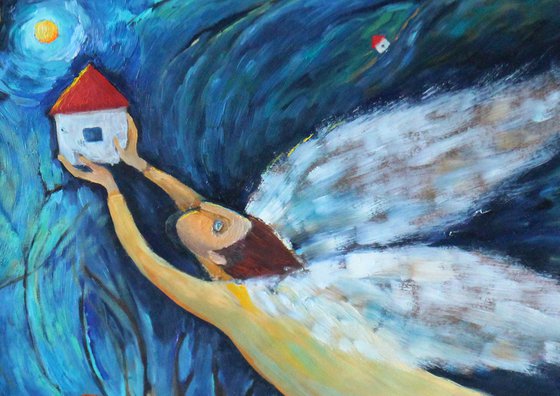 ANGELS - oil painting angels in the sky Christmas interior idea for present Easter gift