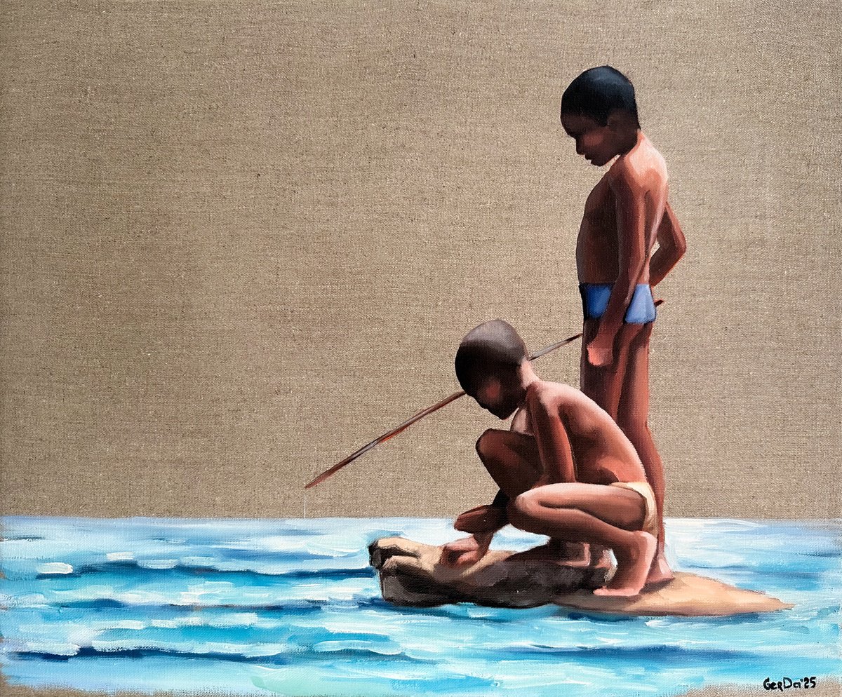 Impressionistic Landscape Oil Painting By Daria Gerasimova, 24 X 20, African Boys, Original Artwork