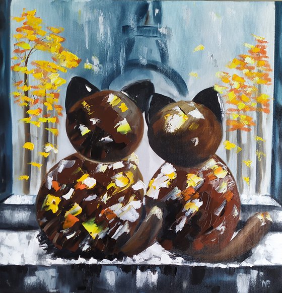 Stay home, original cats oil painting, gift idea, art for home, bedroom painting