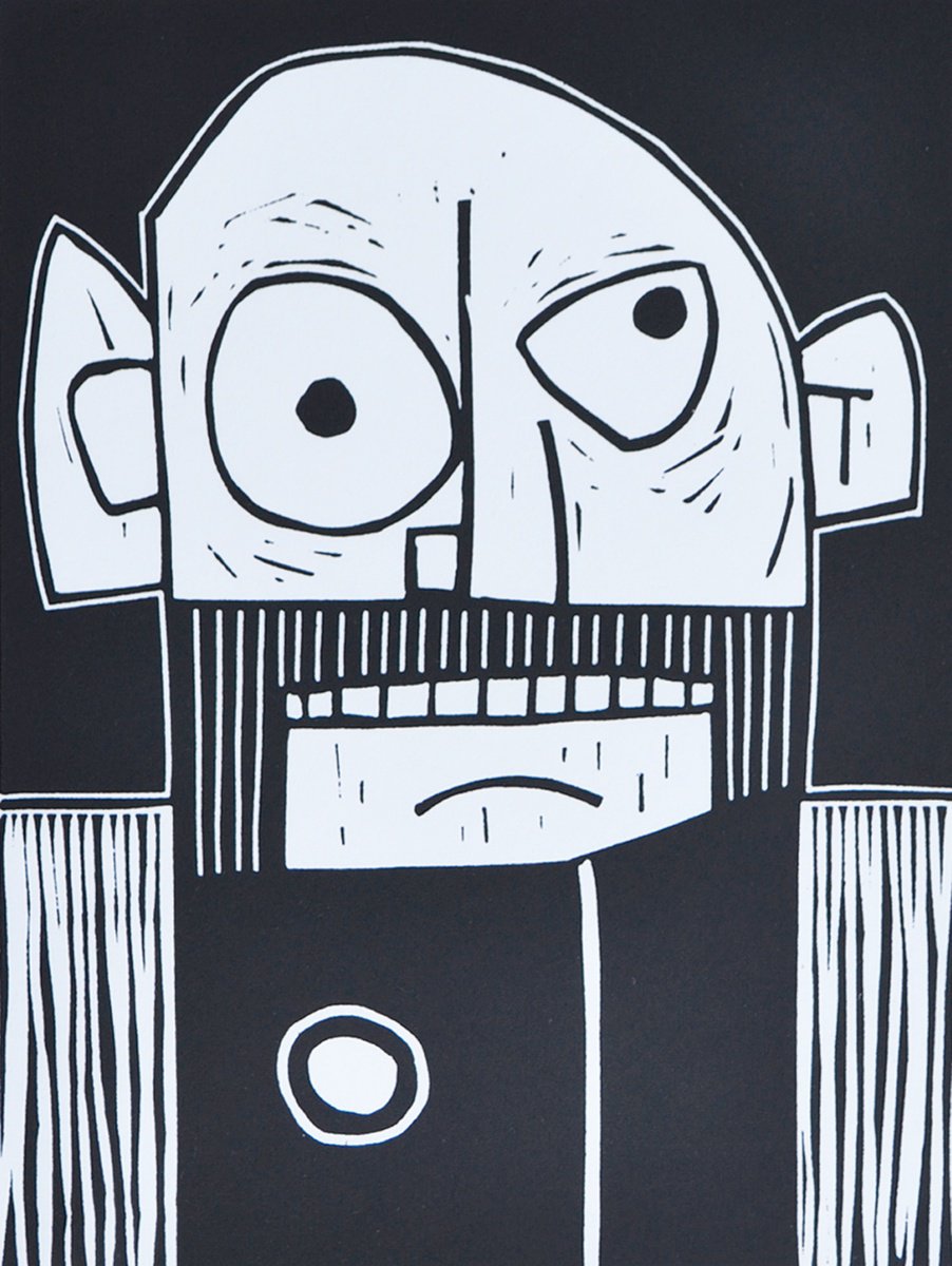 Graphic Portrait Linocut By Julian Davies, 9 X 11", Bullet, Original Artwork