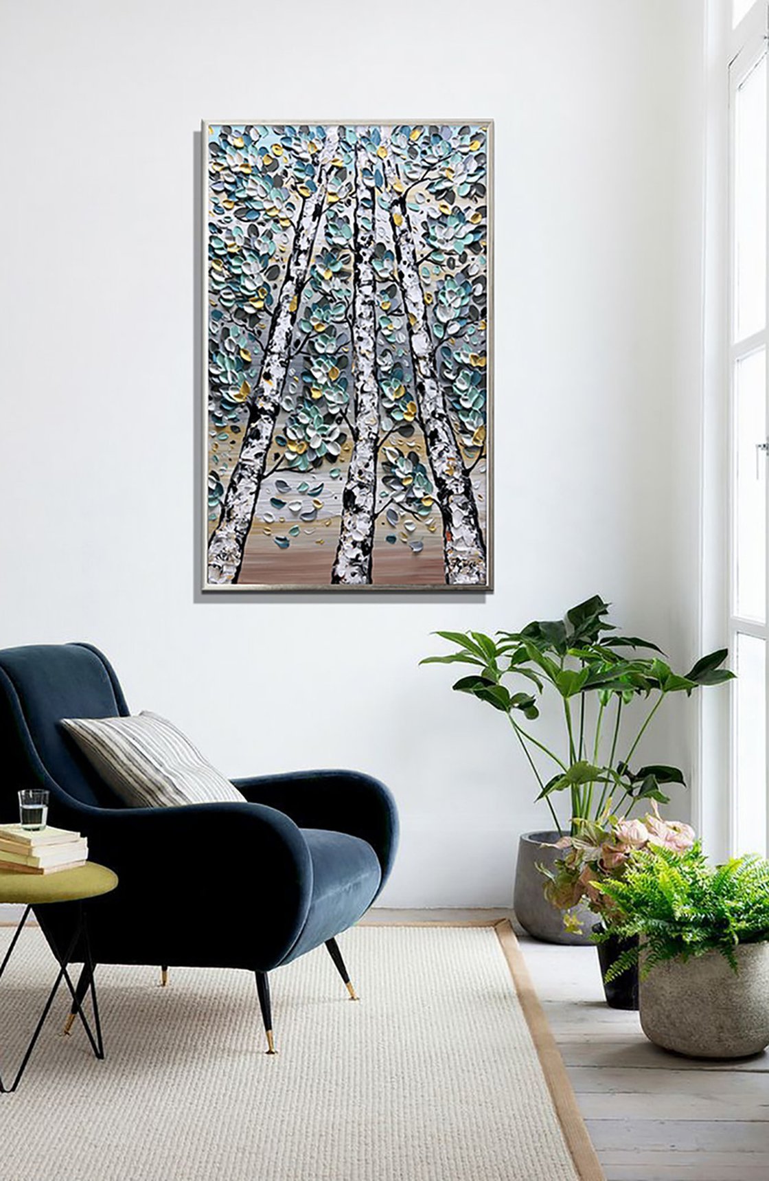 Winter Dream - 3D Textured Fall Gold Blue Birch Trees