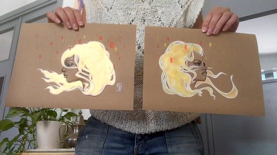 (SOLD) Girl with golden hair blowing on brown paper: Goldilocks 2