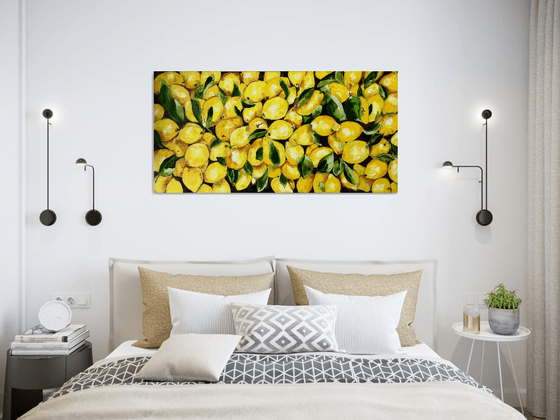 Lemons, oil painting, still life. Palette knife painting on canvas. Size 112x56 cm.