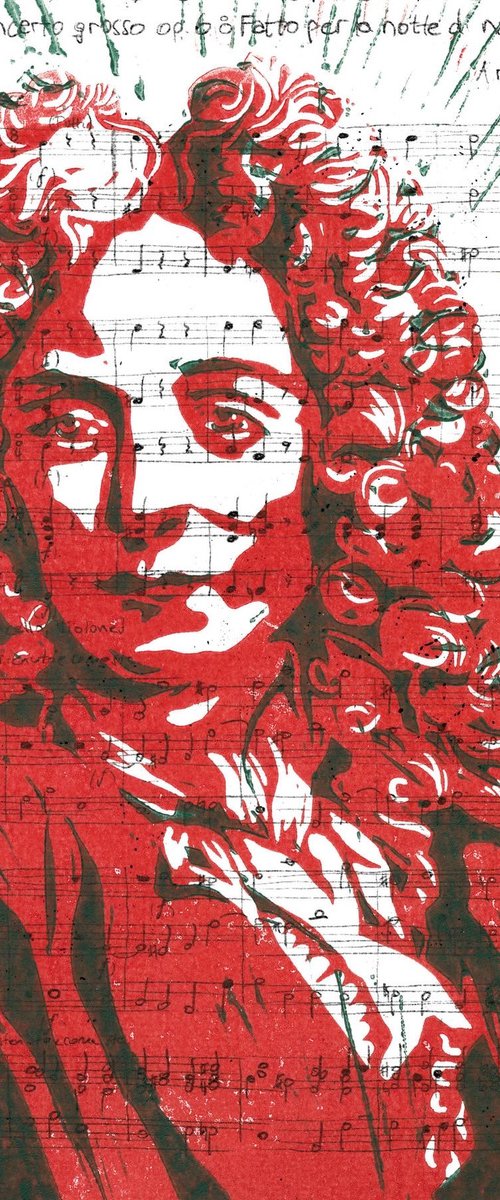 Composers - Arcangelo Corelli - Portrait on notes in red and blue by Reimaennchen - Christian Reimann