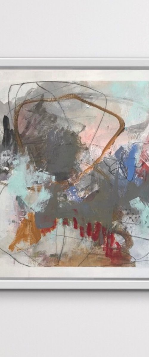 Moody Summer Skies - Soft and muted colors abstract painting by Kat Crosby