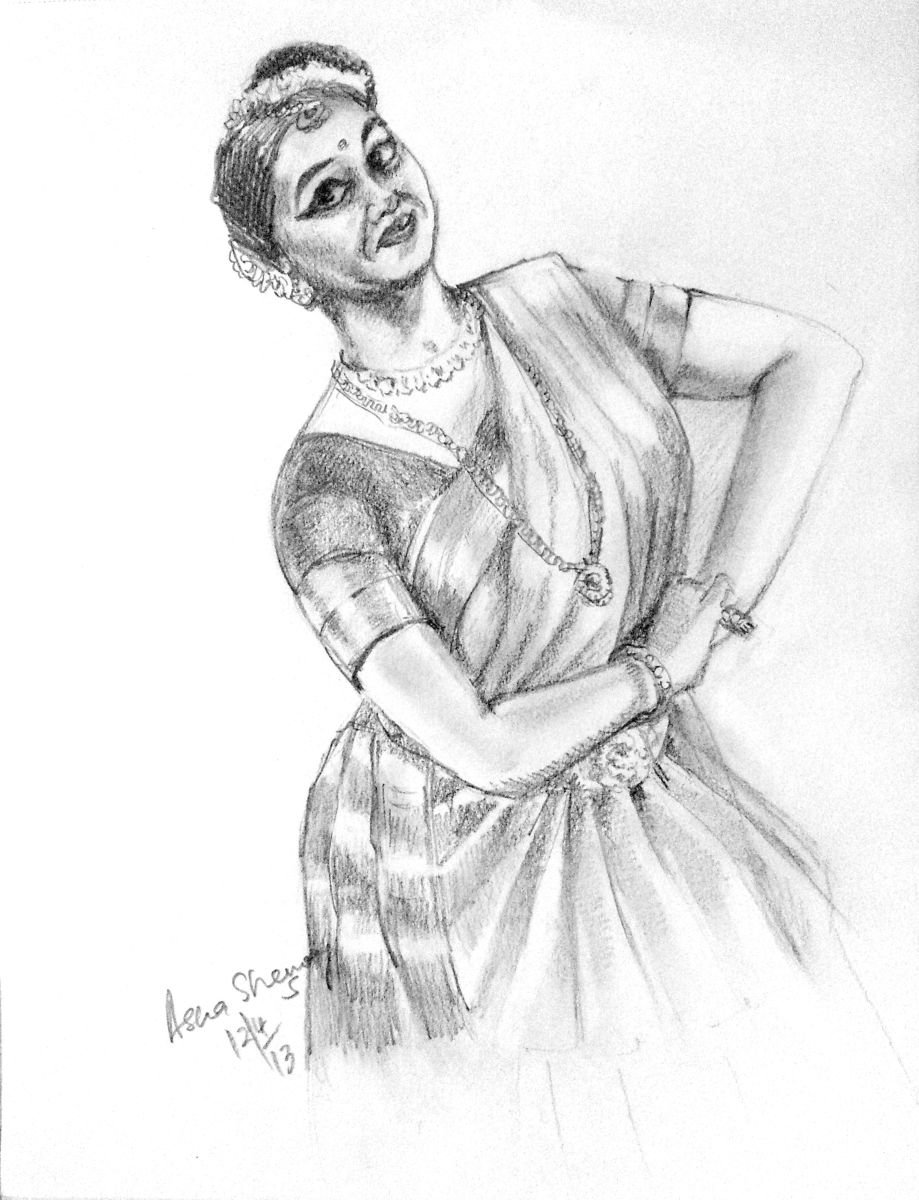 Indian dancer 5 Mohini Attam- Pencil on paper 8.25x 11 by Asha Shenoy