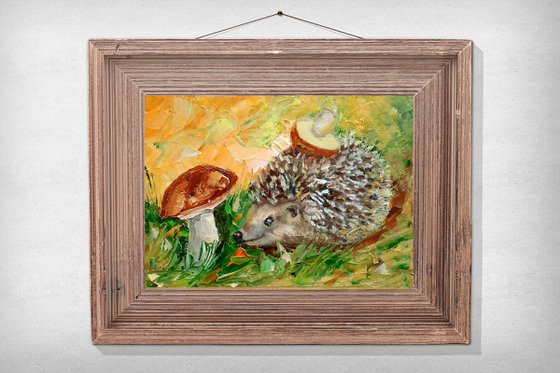 Hedgehog Painting Original Art Forest Animal Artwork Mushroom Wall Art