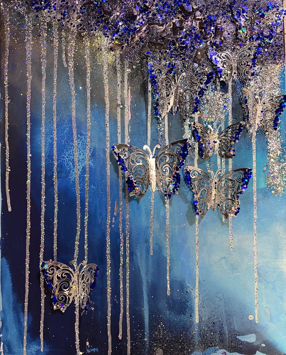 Blue silver purple 3d Butterflies by Henrieta Angel