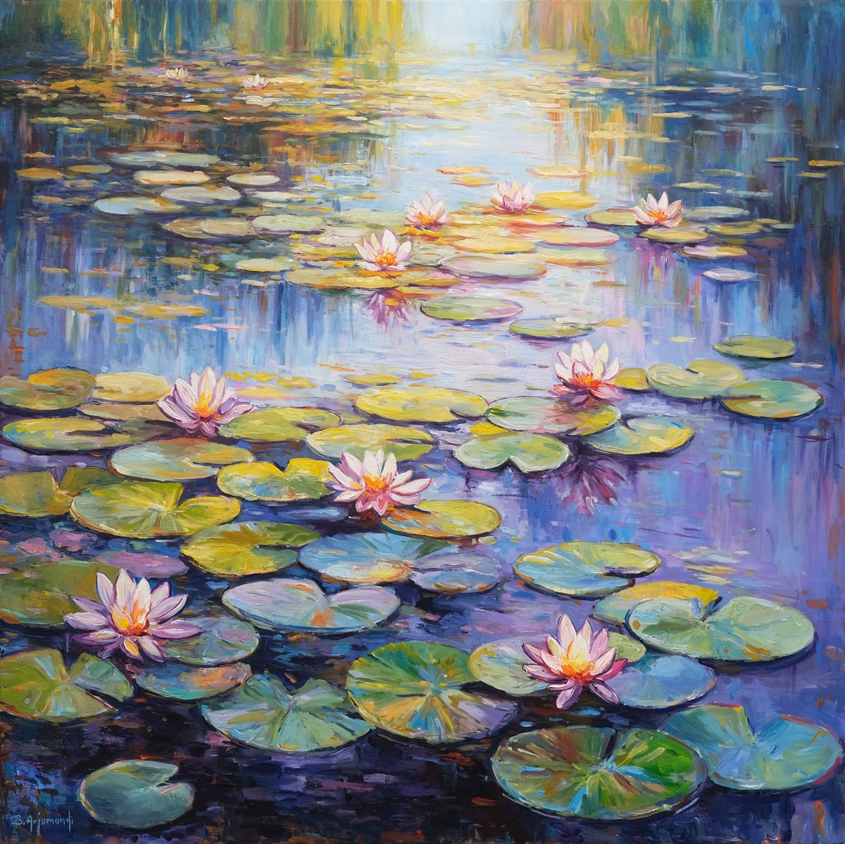 Impressionistic Landscape Acrylic Painting By Behshad Arjomandi, 39 X 39, Lily Pond Dreamscape, Original Artwork