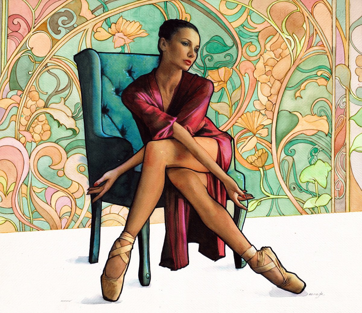 Impressionistic Portrait Watercolour By Reme Jr., 20 X 17", Ballet Dancer In Chair, Original Artwork