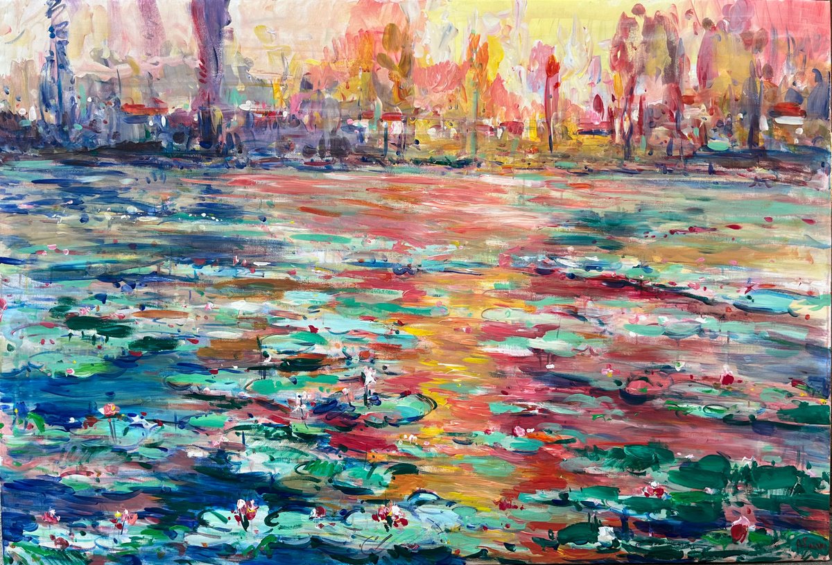 Abstract Acrylic Painting By Altin Furxhi, 51 X 37, Water Lilies Sunset 130 X 95., Original Artwork