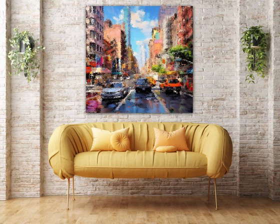 American street after the rain. Urban 7th Avenue and Broadway Times Square New York City USA cityscene, colorful impressionistic landscape art. Large wall art home decor. Art Gift