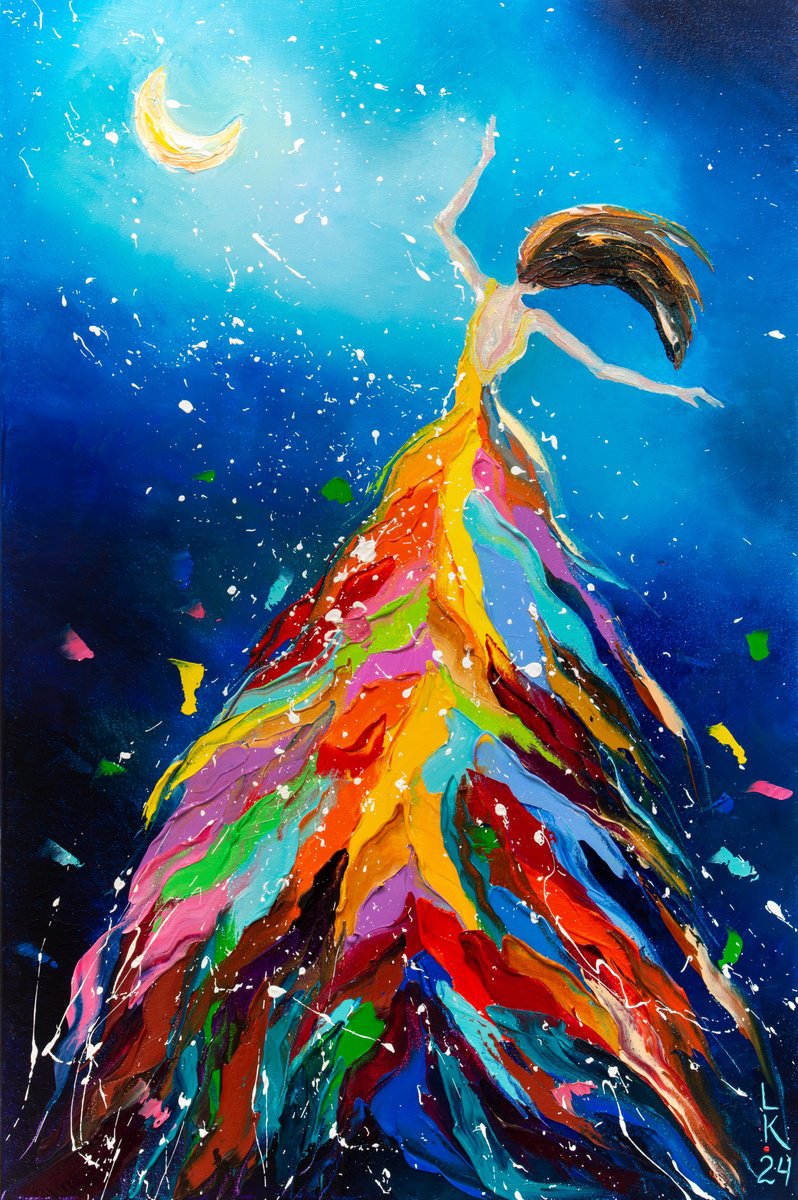 Surrealistic Portrait Oil Painting By Liubov Kuptsova, 16 X 24", Dancing In The Night Sky, Original Artwork