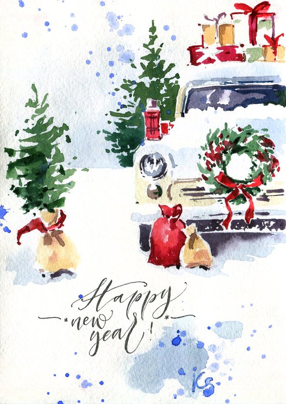Watercolor New Year's card "Retro car with gifts in a snowy forest"
