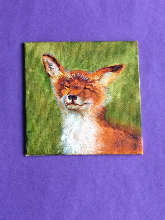 Animal original painting - Fox tiny artwork - Shelf painting - Framed canvas art (2021)