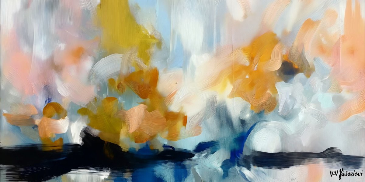 Abstract Acrylic Painting By V+V Kniazievi, 47 X 24", Wings Of Dreams #3, Original Artwork