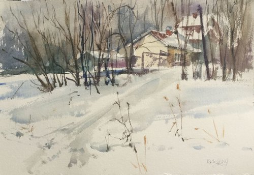 Winter in Sablino. Houses on a hill by Irina Bibik-Chkolian