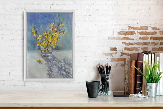 Forsythia by the window original oil painting