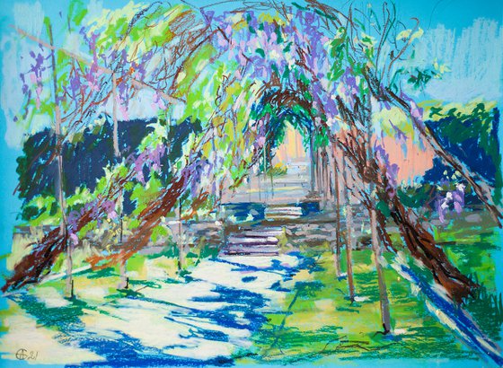 Wisteria tunnel. Sunny urban natural impressionistic landscape. Medium size oil pastel impressionistic interior painting travel decor Spain Madrid