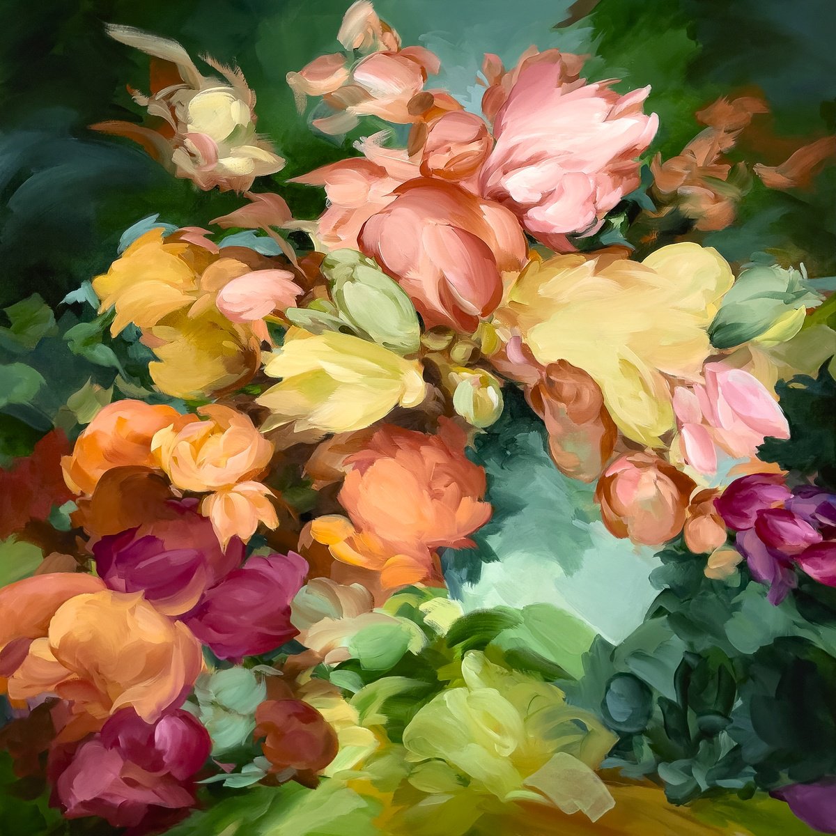 Expressive Botanical Acrylic Painting By Ines Khadraoui, 39 X 39, Autumn Flight, Original Artwork