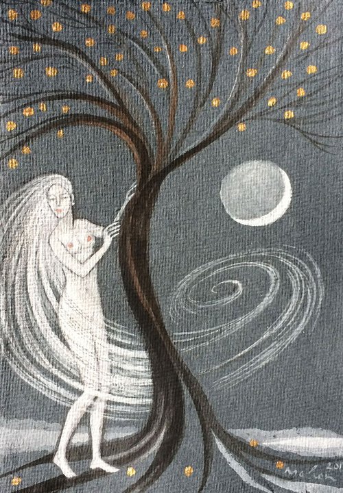 Night, harvesting gold by a crescent moon by Phyllis Mahon