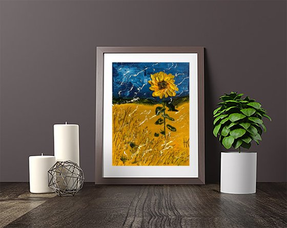 Sunflower Painting Floral Original Art Wheat Field Small Oil Impasto Flower Artwork Home Wall Art 6 by 8" by Halyna Kirichenko