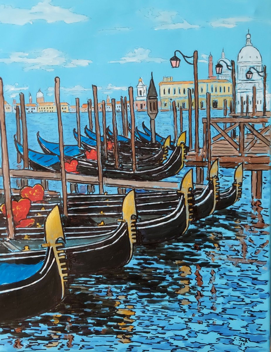 Cityscapes Acrylic Painting By Colin Ross Jack, 20 X 26, Venice Gondolas Ii, Original Artwork