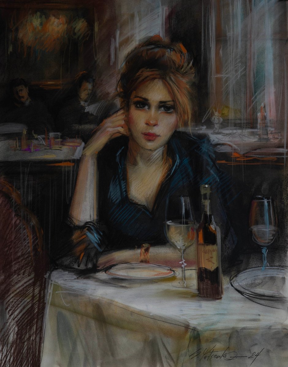 Impressionistic Portrait Pastel Drawing By Sergei Yatsenko, 24 X 30", Cafe Contemplations, Original Artwork