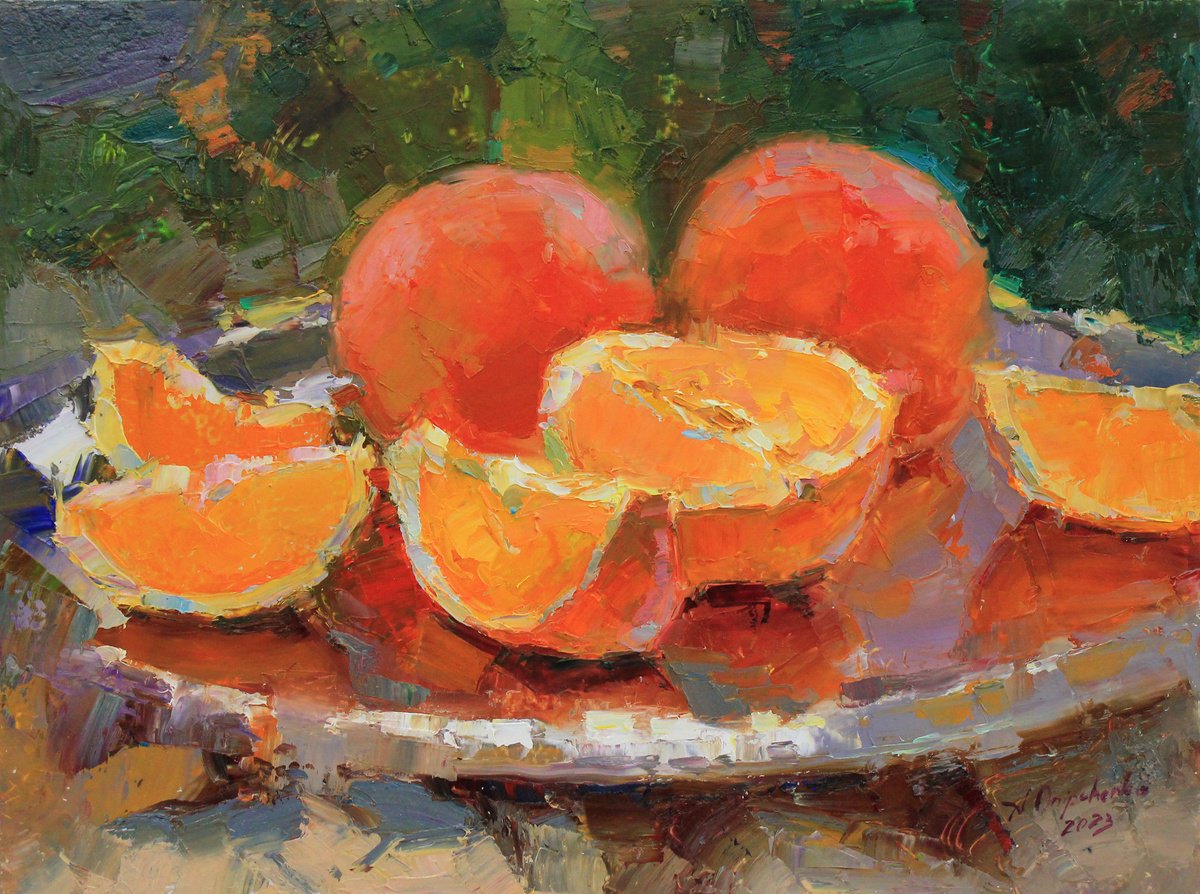 Oranges on green by Alisa Onipchenko-Cherniakovska