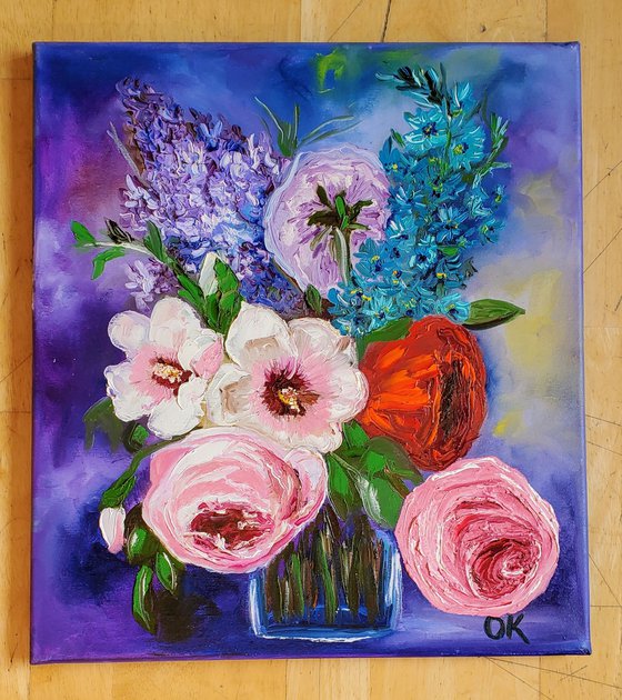 BOUQUET OF SUMMER FLOWERS pink rose white hibiscus, red poppy, urple lilac , delphinium modern Still life Dutch style office home decor gift