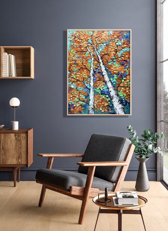 Entwined - 3D Textured Fall Gold Birch Trees Landscape Painting on Canvas, Original Abstract Nature Textured Tree Painting - SIZE: 24 X 32 INCHES (60 X 80 CM)