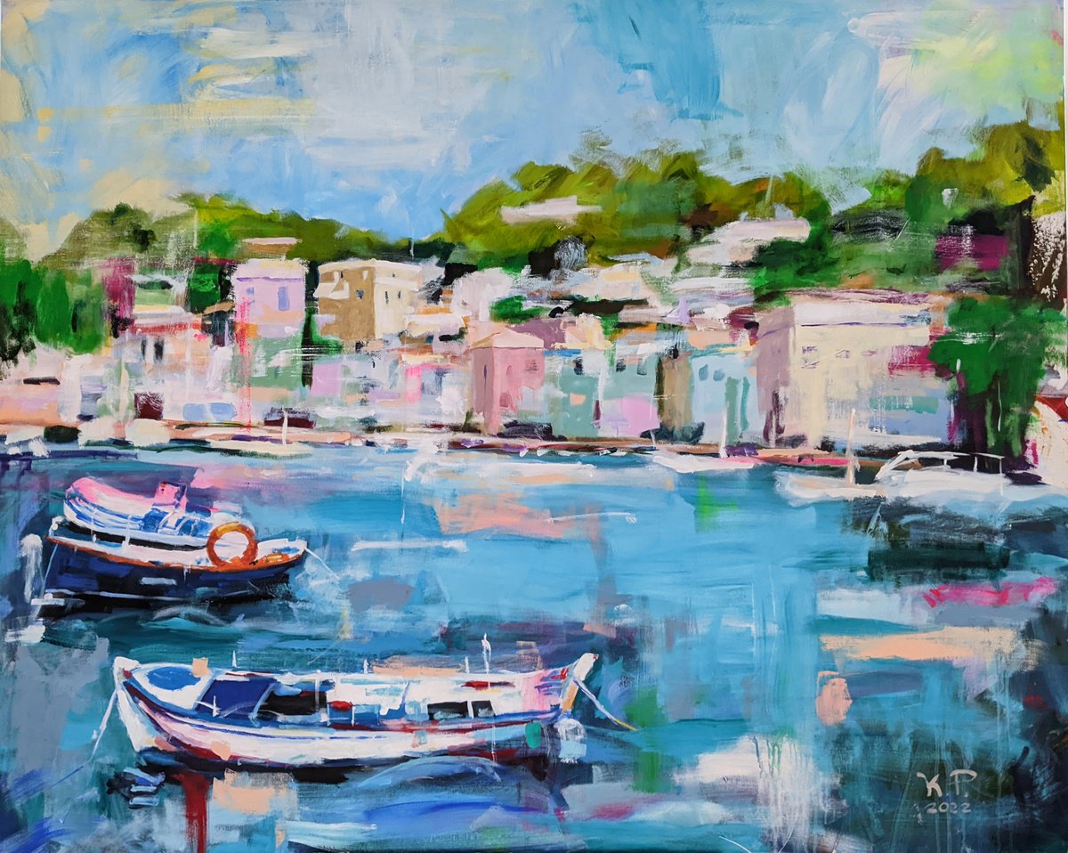 Photorealistic Landscape Acrylic Painting By Kasia Pawlak, 60 X 48", Greek Summer, Original Artwork
