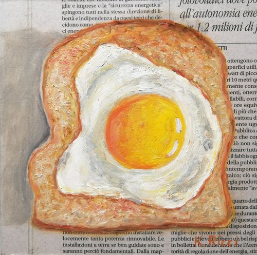 "Toast with Fried Egg on Newspaper" Original Oil on Wooden Board Painting 6 by 6 inches (15x15 cm) by Katia Ricci