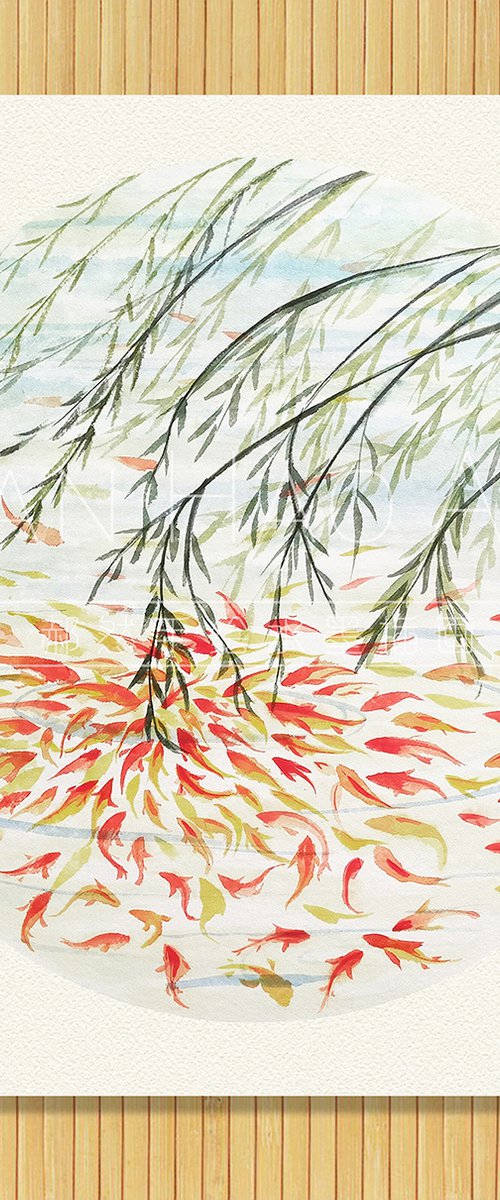 RAN ART - Chinese painting 38*38cm - KOI Fish and leaves by RAN HAO