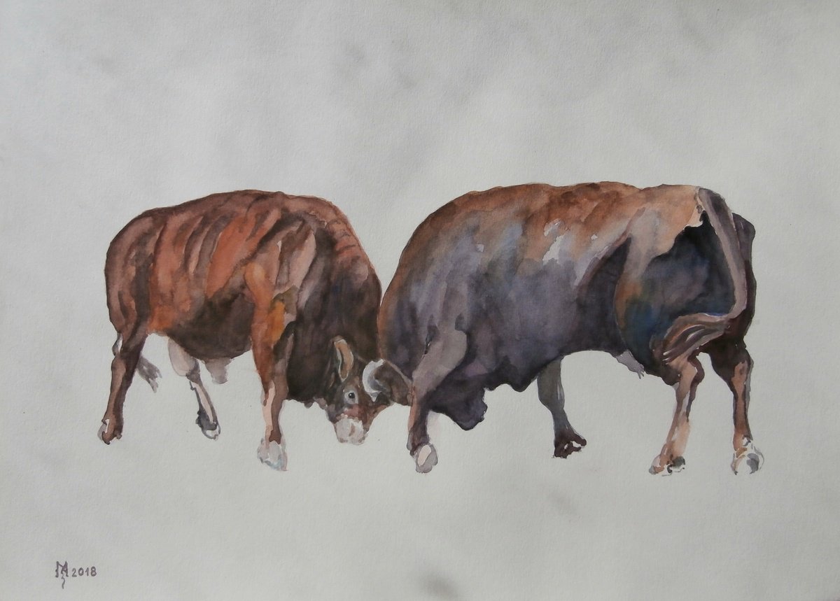 Expressive Animal Watercolour By Zoran Mihajlovic Muza, 15 X 11", Fight, Original Artwork