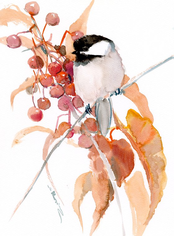Chickadee bird watercolor art