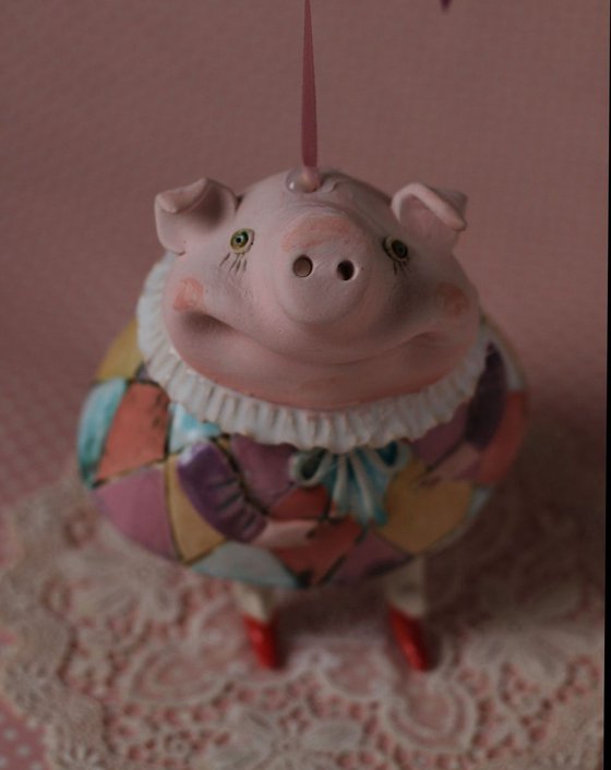 Little piggy in harlequin dress. Hanging sculpture, bell doll by Elya Yalonetski