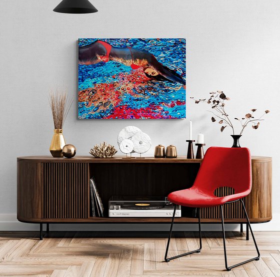 Woman under water in the swimming pool, sea, ocean with blue color waves with bright sun glares. Impressionistic artwork. Original painting wall art home decor. Art Gift