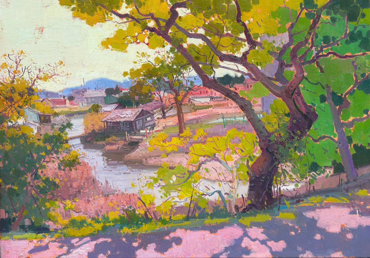 Impressionistic Landscape Oil Painting By Jianzhe Chon, 39 X 28, Summer Afternoon 238, Original Artwork