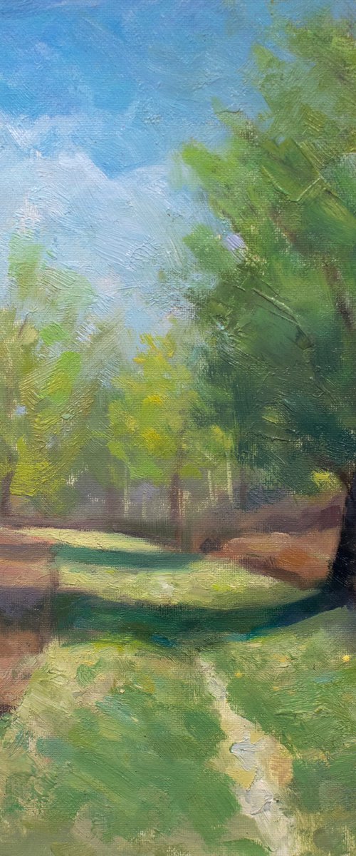Grassy path into the woodlands and bracken impressionism by Gav Banns