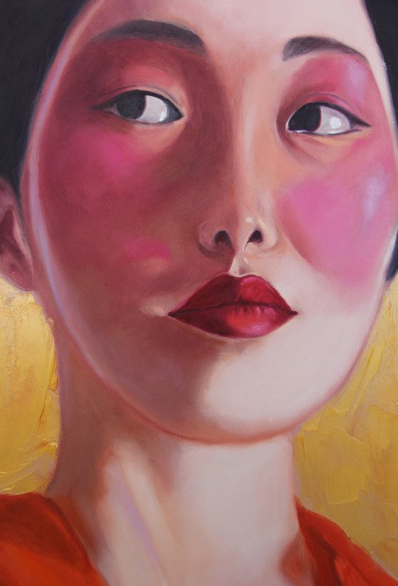 Dyptich Geisha in kimono on the gold background portrait 2