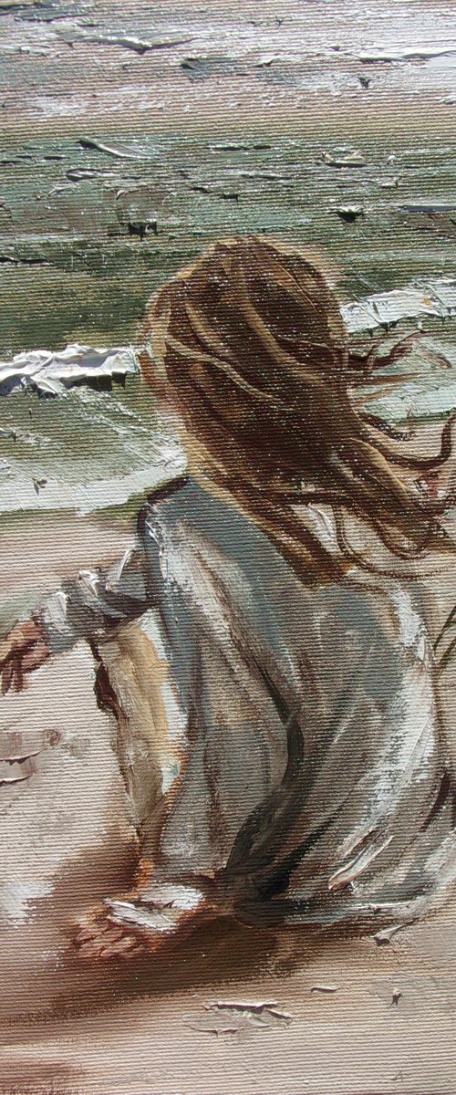 " HALLO SEPTEMBER "  SKY SEA SAND liGHt  ORIGINAL OIL PAINTING, GIFT, PALETTE KNIFE by Monika Luniak