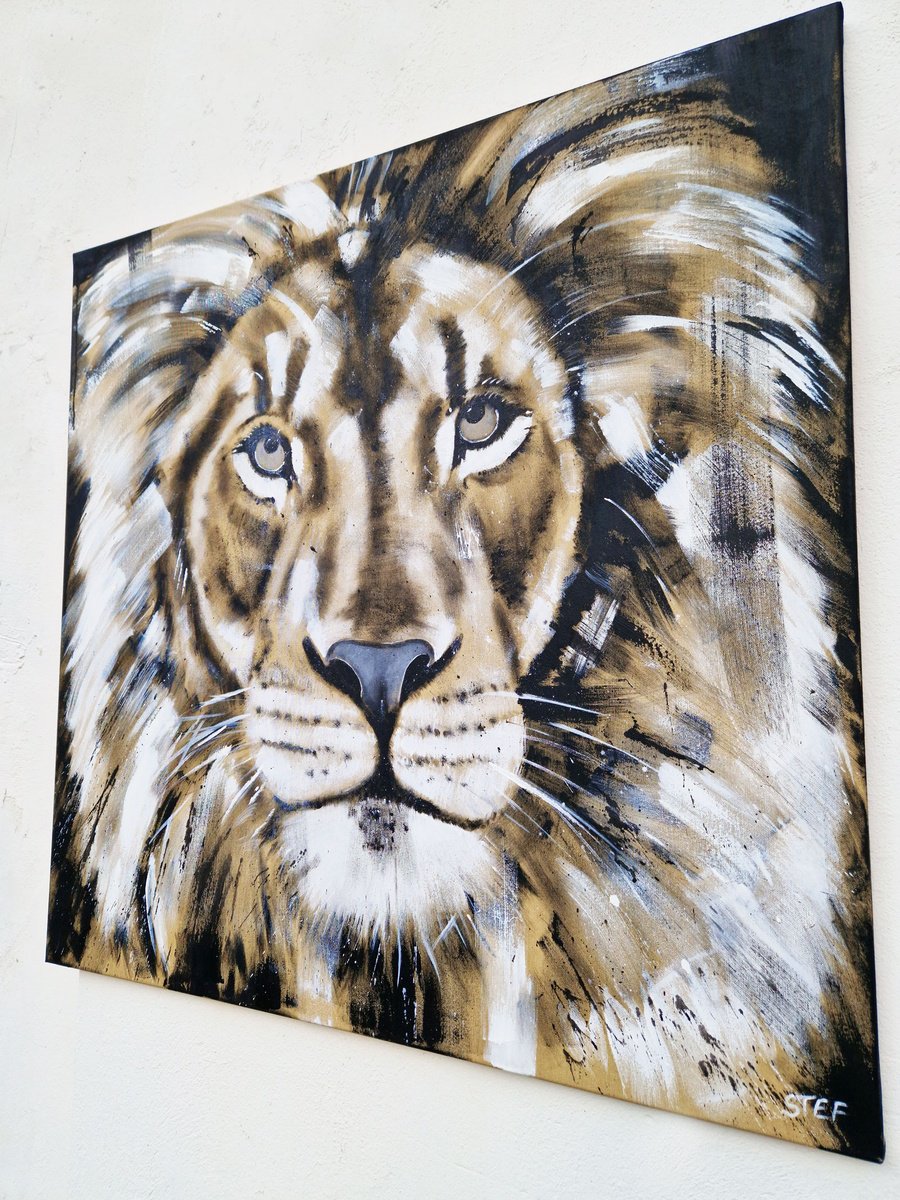 Expressive Animal Acrylic Painting By Stefanie Rogge, 39 X 39", Lion #24 - Series Big Cat, Original Artwork