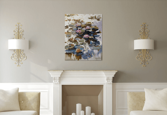 Summer Pond. Pink Water Lilies.