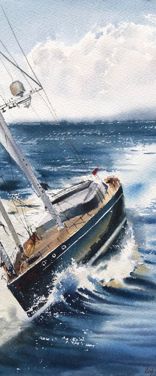 Yacht on the waves by Eugenia Gorbacheva